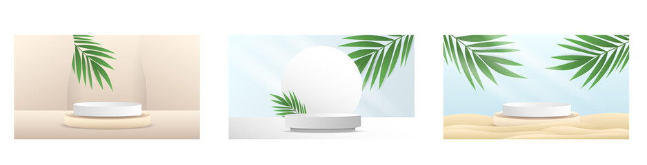 Abstract backdrop for product display set white  podiums and curved background Rounded leaves and tropical on blue background with copy space , illustration 3d Vector EPS 10