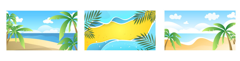 Fototapeta na wymiar Summer background set with sea wave and palm leaf for online content in the summer , illustration Vector EPS 10