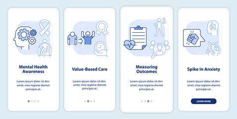 Behavioral trends light blue onboarding mobile app screen. Mental health walkthrough 4 steps graphic instructions pages with linear concepts. UI, UX, GUI template. Myriad Pro-Bold, Regular fonts used