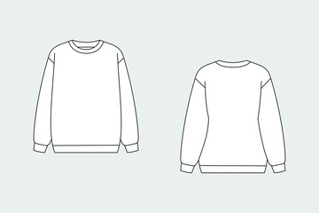 Hoodie, pullover, sweatshirt vector template isolated on a grey background. Unisex, male, female model. Front and back view. Outline fashion technical sketch of clothes model.