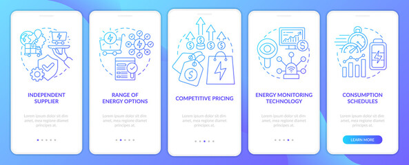 Energy strategy key elements blue gradient onboarding mobile app screen. Walkthrough 5 steps graphic instructions pages with linear concepts. UI, UX, GUI template. Myriad Pro-Bold, Regular fonts used
