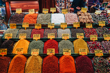 Colorful Spices in the famous ancient bazaar, the Egyptian Bazaar or Misir Carsisi in Istanbul.