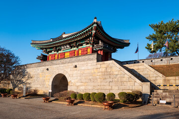 Side view of the Gwangseongbo Fortress, in the Gwangseongbo Fort, later named Anhaeru, meaning peaceful sea, as written on the top of the gate, Ganghwa island, Incheon, South Korea.