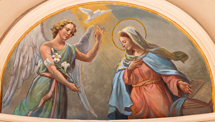 BARI, ITALY - MARCH 3, 2022: The fresco of Annunciation in the temple in the church Chiesa San Ferdinando by Nicola Colonna (1862 -1948). - obrazy, fototapety, plakaty