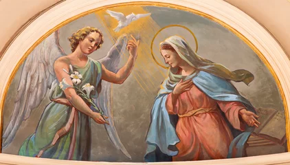 Foto op Aluminium BARI, ITALY - MARCH 3, 2022: The fresco of Annunciation in the temple in the church Chiesa San Ferdinando by Nicola Colonna (1862 -1948). © Renáta Sedmáková