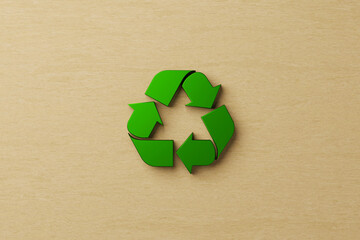 Reuse, reduce, recycle concept. Top view of recycle symbol on wooden background. 3D illustration