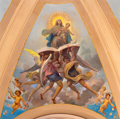 BARI, ITALY - MARCH 3, 2022: The fresco of Madonna in the Glory in the church Chiesa San Ferdinando by Nicola Colonna (1862 -1948). - obrazy, fototapety, plakaty