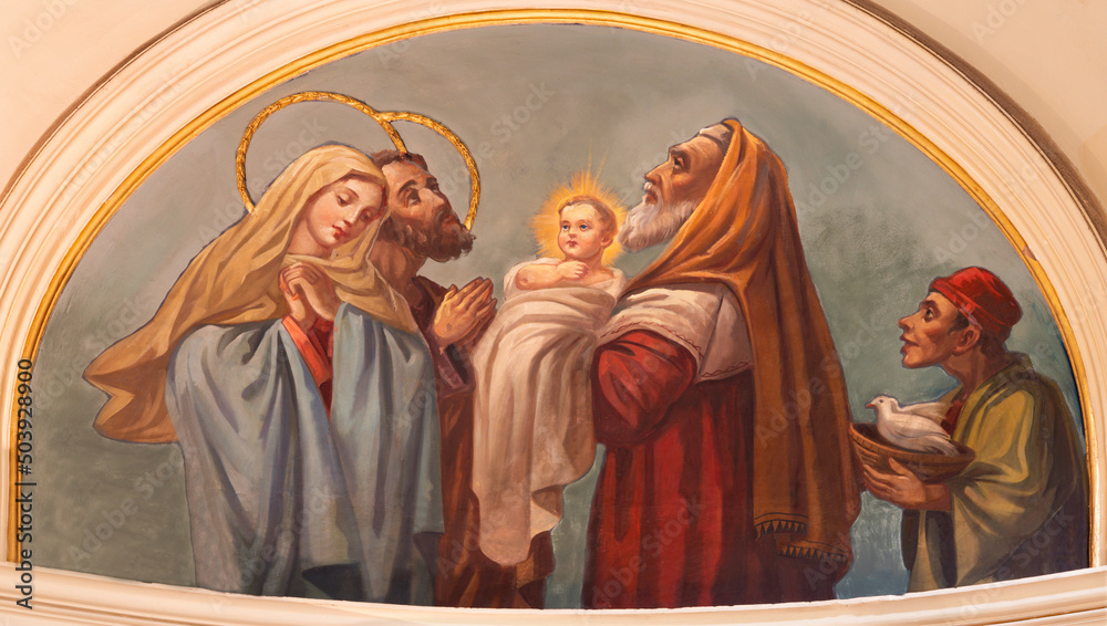 Wall mural bari, italy - march 3, 2022: the fresco of presentation of jesus in the temple in the church chiesa  - Wall murals