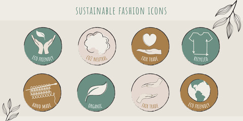 Eco friendly manufacturing fashion logo, label. Icons, badges for natural and quality recycling clothing, ethical fabric and slow fashion with eco sustainable materials. Conscious fashion. Vector - obrazy, fototapety, plakaty