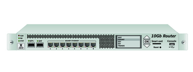 10G 19" rack mount router with SFP and SFP+ optical module slots, 8 RG-45 slots, USB console and smart card slot. Designed for carrier class networks. Vector illustration.