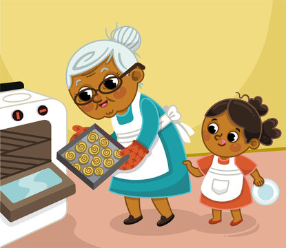 Vector illustration of grandmother and granddaughter baking cookies in the kitchen.