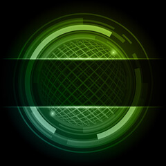 Abstract green neon globe grid hi tech circle frame innovation cyberspace communication realistic banner template vector illustration. Virtual circuit engineering futuristic space technology poster