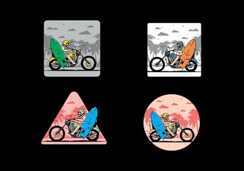 Ride motorcycle with surfing board illustration