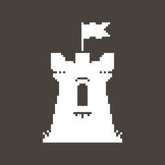 black and white simple vector pixel art sign of a medieval tower with window and flowing flag on top