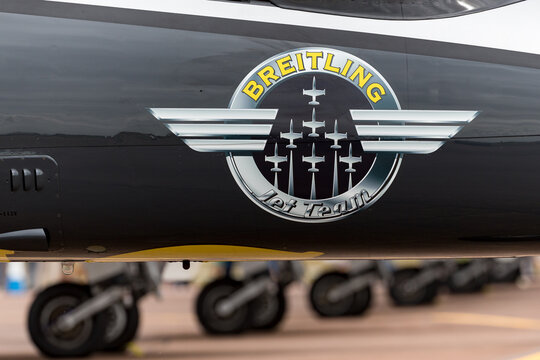RAF Fairford, Gloucestershire, UK - July 11, 2014: Breitling Jet Team Aero L-39C Albatross jet trainer..