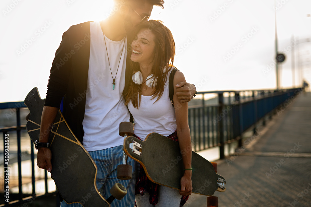 Canvas Prints portrait of young happy people with skateboards having fun together outdoors