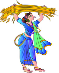 Indian village morning rituals. Women carried farm produce to the market. Drawn in Indian folk art, Kalamkari style. for textile printing, logo, wallpaper