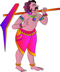 Indian village morning rituals. Man plowing ib his farm with help of bullocks. Drawn in Indian folk art, Kalamkari style. for textile printing, logo, wallpaper