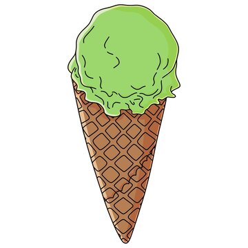 Cartoon Green Ice Cream Cone On White Background 