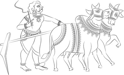Indian village morning rituals. Man plowing ib his farm with help of bullocks. Drawn in Indian folk art, Kalamkari style. for textile printing, logo, wallpaper