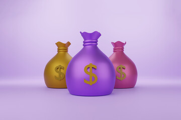 Money bags with dollar cash icon minimal for background, Business, financial, money saving concept. 3d render illustration.