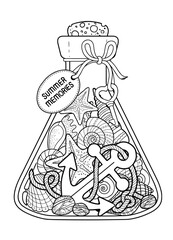 Vector Coloring book page for adult. Set of seashell in a glass bottle for summer memories