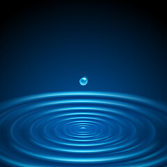 Realistic glossy circle water drop falling pond rings ripple surface blue gradient poster background template vector illustration. Dripped spill environmental splash bright clean pull puddle