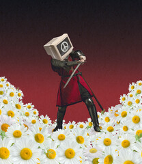 Contemporary art collage with medieval knight, warrior with retro tv set instead head in motion over yellow background. Vintage, surrealism, art concept