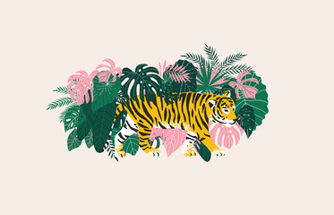 Tiger in the tropical leaves. Abstract exotic illustration. Fashion print. Vector illustration