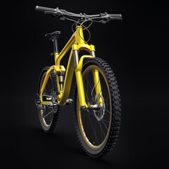 yellow mountain bike on an isolated black background. 3d rendering.