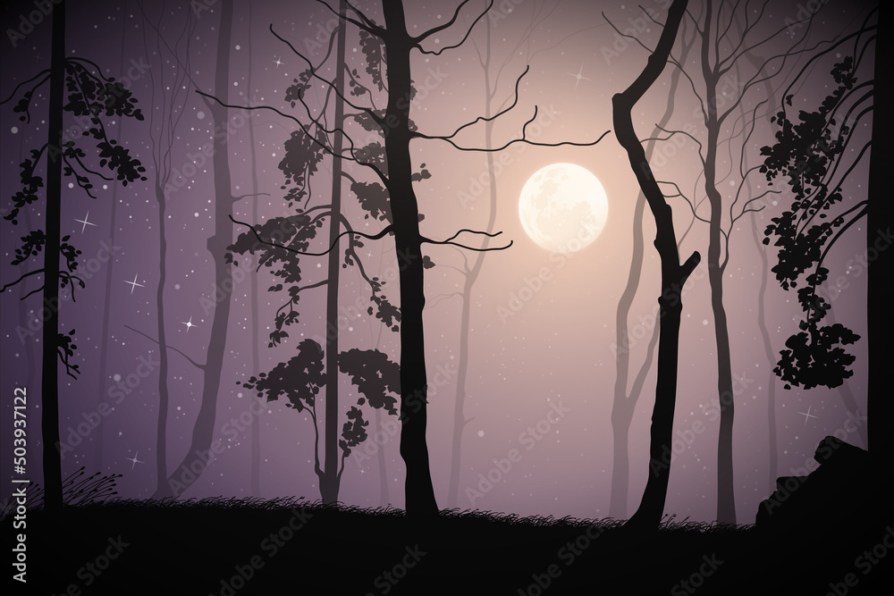 Sticker forest on moonlight night. bare tree silhouettes. full moon and stars
