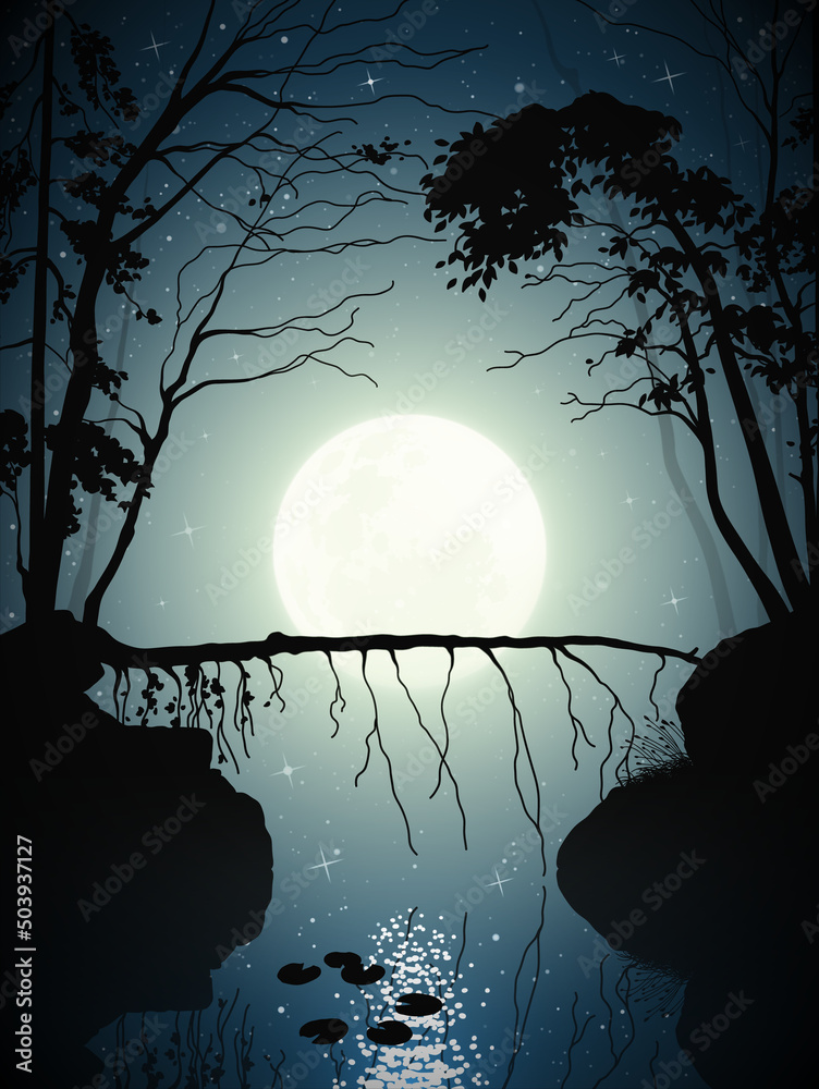 Sticker fallen tree in night forest. landscape with narrow river under moon