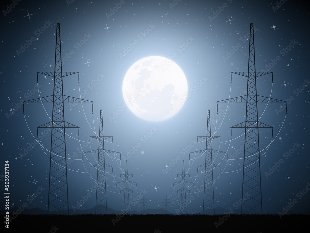 Sticker transmission towers. industrial landscape. blue moonlight starry night