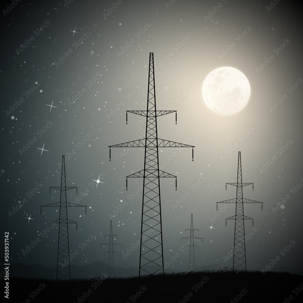 Sticker transmission towers on moonlight starry night. industrial landscape