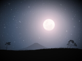 Landscape with savannah trees and mountain. Full moon in starry sky