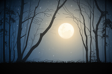 Forest on moonlight night. Bare tree silhouettes. Full moon and stars © arvitalya