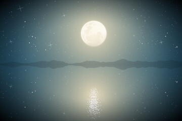 Big mountain lake at night. Landscape with full moon and starry sky