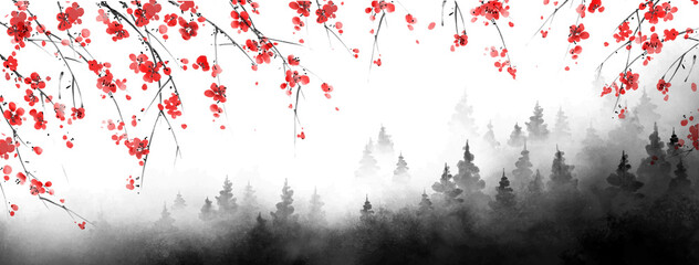 Sakura blossom and black misty forest. Traditional oriental ink painting sumi-e, u-sin, go-hua. © elinacious