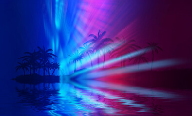 Fototapeta na wymiar Dark abstract background with tropical palm leaves. Reflection of neon lighting on the water surface. 3d illustration