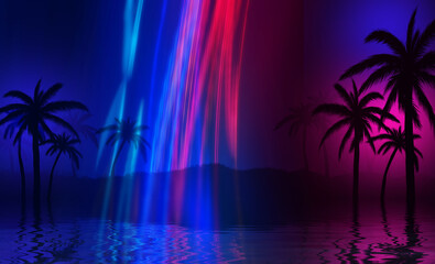 Dark abstract background with tropical palm leaves. Reflection of neon lighting on the water surface. 3d illustration