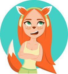 Sticker of a redhead girl with fox ears and tail. The girl-fox waves her hand in greeting.