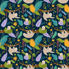 Seamless pattern with funny sloths in the jungle.