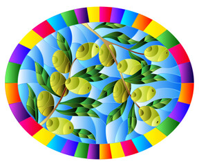 Illustration in stained glass style with branches of green olives on a blue sky background, oval image in a bright frame