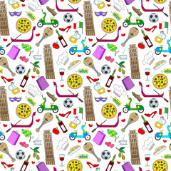 Seamless pattern on the theme of journey in the country of Italy, simple color icons on white background