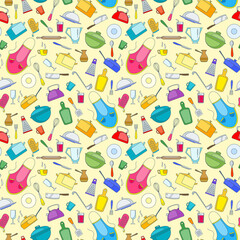 Seamless pattern on the theme of cooking and kitchen utensils, simple painted icons on yellow background