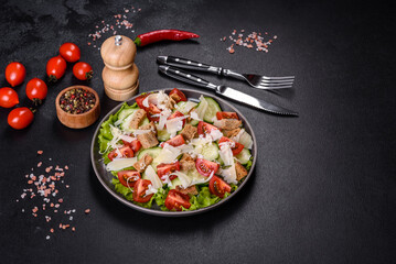 Delicious spring fresh vegetable salad with cherry tomatoes, cucumber, breadcrumbs and parmesan cheese