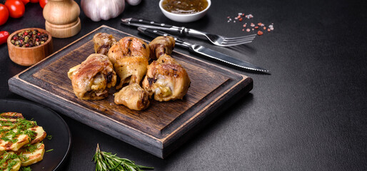 Three chicken legs grilled with spices and herbs on a wooden cutting board