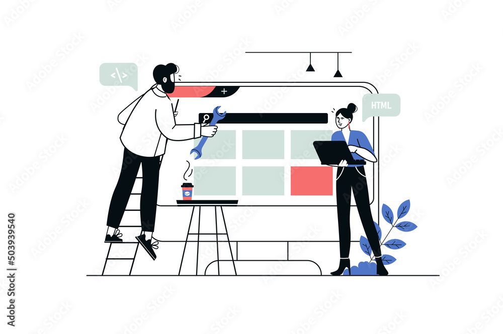 Aufkleber web development concept in flat line design. man and woman create and optimize interface of website,