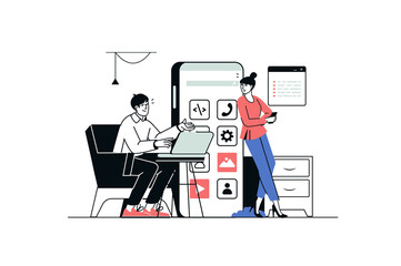 App development concept in flat line design. Man and woman create interface of mobile applications, places buttons, programming and testing. Vector illustration with outline people scene for web