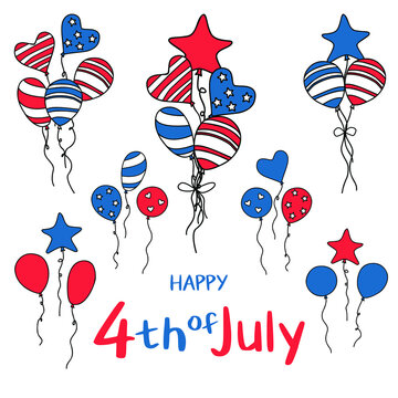 Happy 4th of July Independence Day. Celebration Set with the USA patriotic colored ballons. Vector illustration on white background.